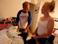 Murdoch Lynk helps his daughter, Skyla Lynk-Romano, 15, with the new clothes they purchased for her first day at school.  Skyla Lynk-Romano who suffered a traumatic brain injury when she was struck by a car on January 5th attends her first day of school at the Greater New Bedford Regional Vocational Technical High School after a long rehabilitation process at the Pappas Rehabilitation Hospital for Children in Canton, MA. On January 5, 2017, Skyla, a freshman at Greater New Bedford Regional Vocational-Technical High School, was crossing Dartmouth Street to meet her father after leaving the Dancer’s Edge studio when she was hit by a car and critically injured. The driver, Jessica Skaggs, 34, fled the scene before turning herself in. Skaggs has been sentenced to six months at the House of Corrections, but the sentense was suspended for two years. PHOTO PETER PEREIRA